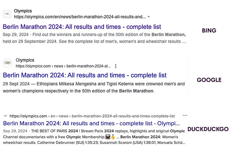 SERPsBing, Google, DuckDuckGo comparison