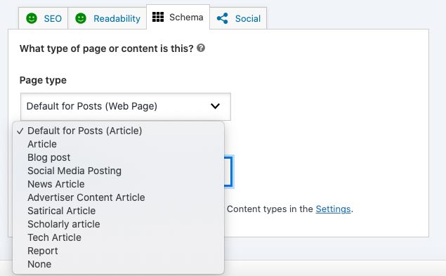 Yoast schema settings screenshot